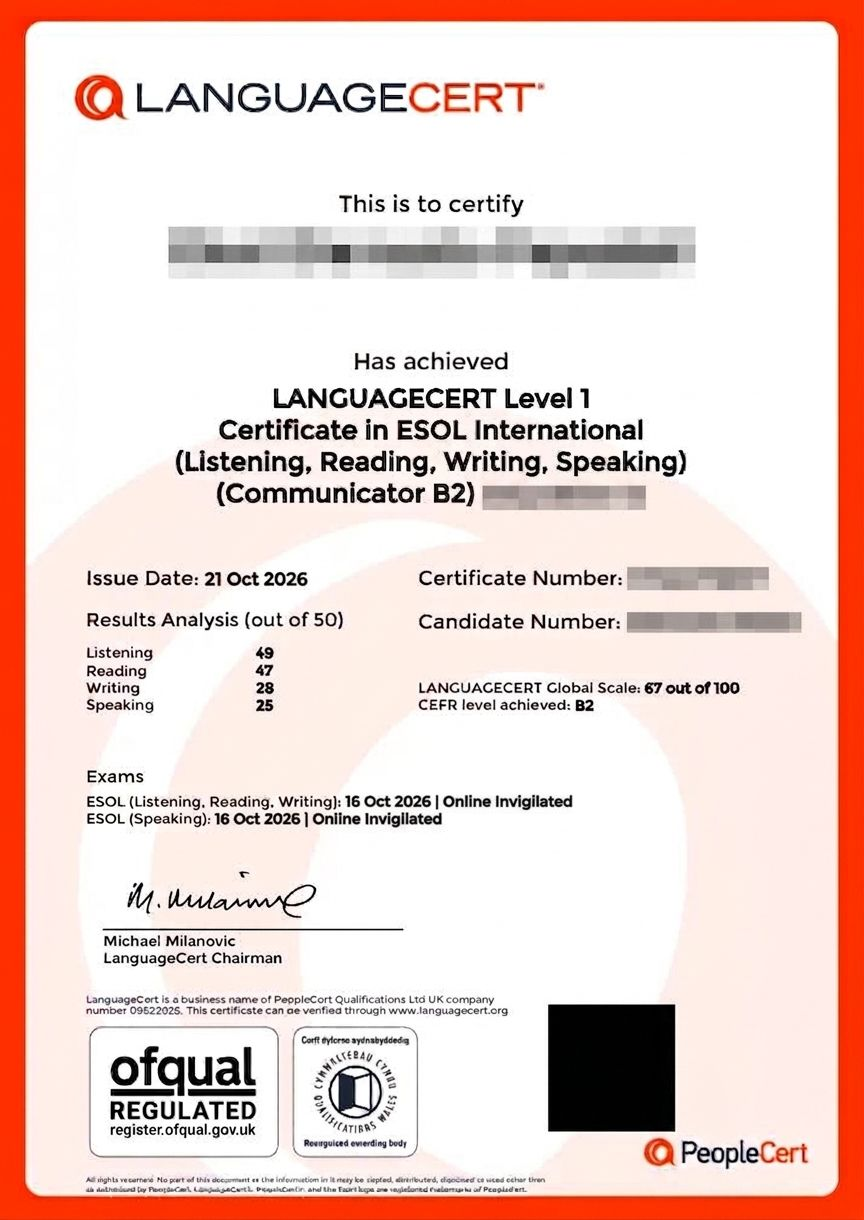 Ενδεικτικό πιστοποιητικό LanguageCert International ESOL